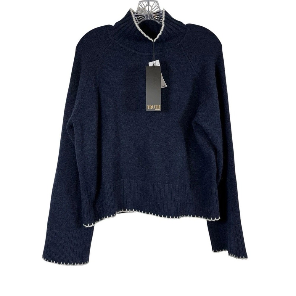 NWT Truth by Republic Sz XL Navy Blue Cream Trim Mock Neck Crop Knit Sweater New